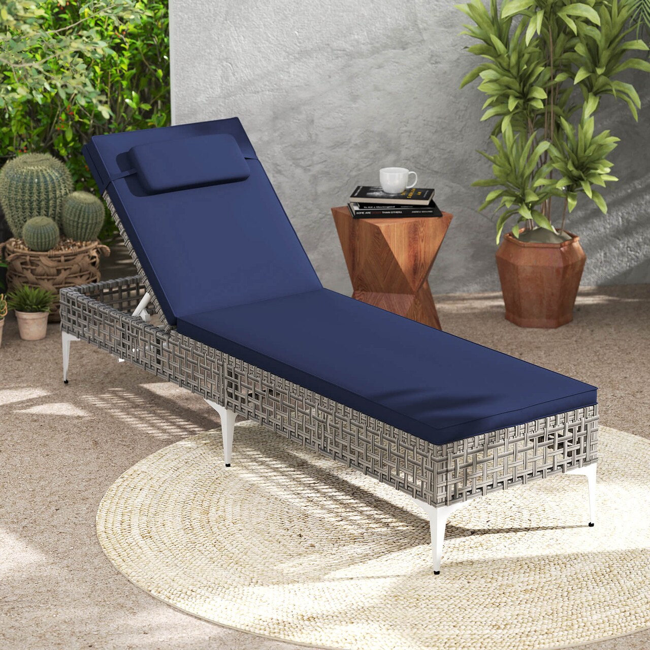 Costway 1/2 PSC Patio Chaise Lounge Chair with 6-Level Adjustable Backrest Removable Cushion Navy/White/Gray